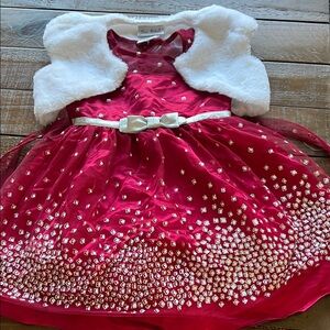 Red Sparkle Holiday Dress with White Faux Fur Bolero 3T